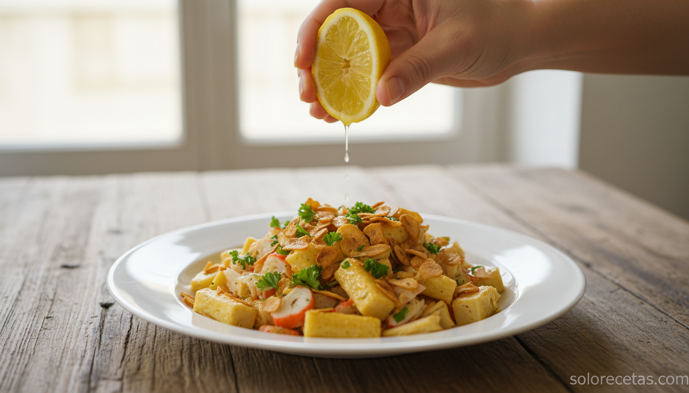 Ensalada de palitos de mar al ajillo: templada y fácil en 15 minutos 4 Toque final de limón y perejil sobre la ensalada de palitos de mar