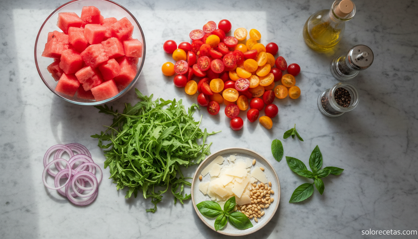 Ensalada de sandía con tomate y rúcula: receta refrescante de verano 13 Ingredientes preparados para ensalada de sandia con tomate
