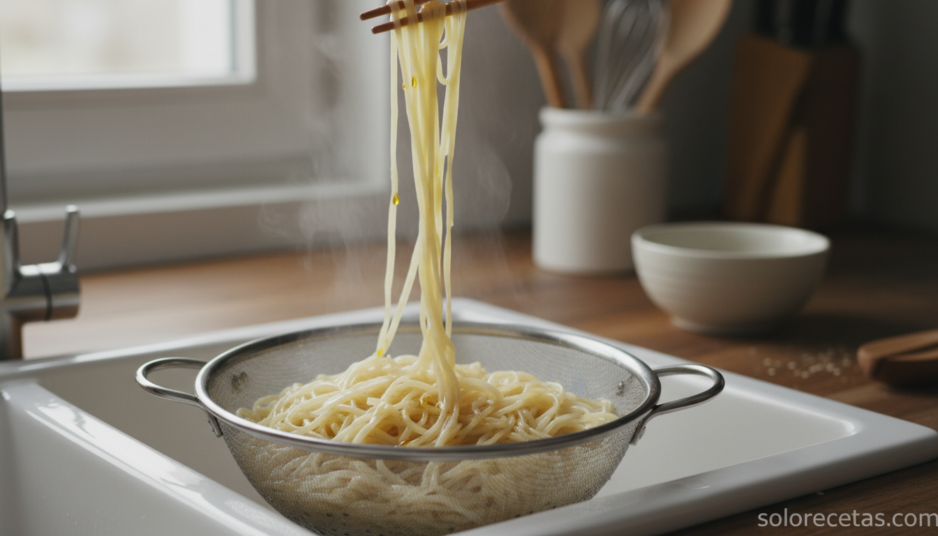 Fideos chinos con pollo: receta autentica al wok en 30 minutos 5 Fideos chinos cocidos y escurridos en colador con aceite de sesamo