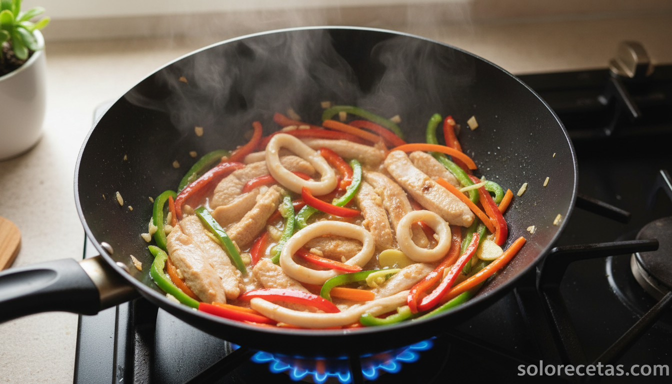 Fideos chinos con pollo: receta autentica al wok en 30 minutos 6 Pollo calamar y verduras salteados en wok para fideos chinos