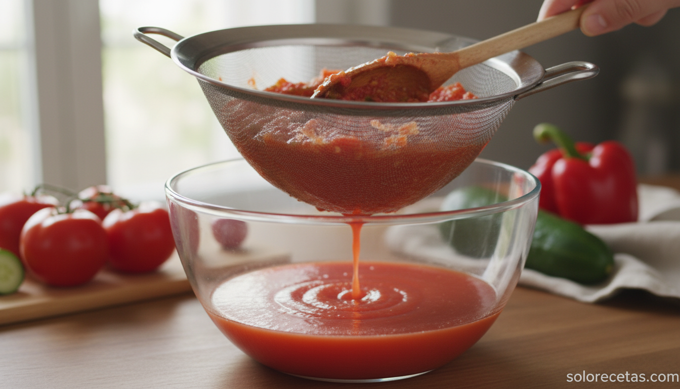 Gazpacho andaluz colándose por un chino para obtener textura sedosa