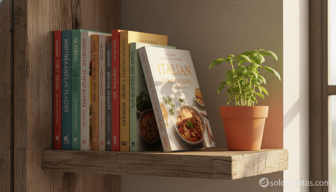 Estantería de libros de cocina temáticos en una cocina casera