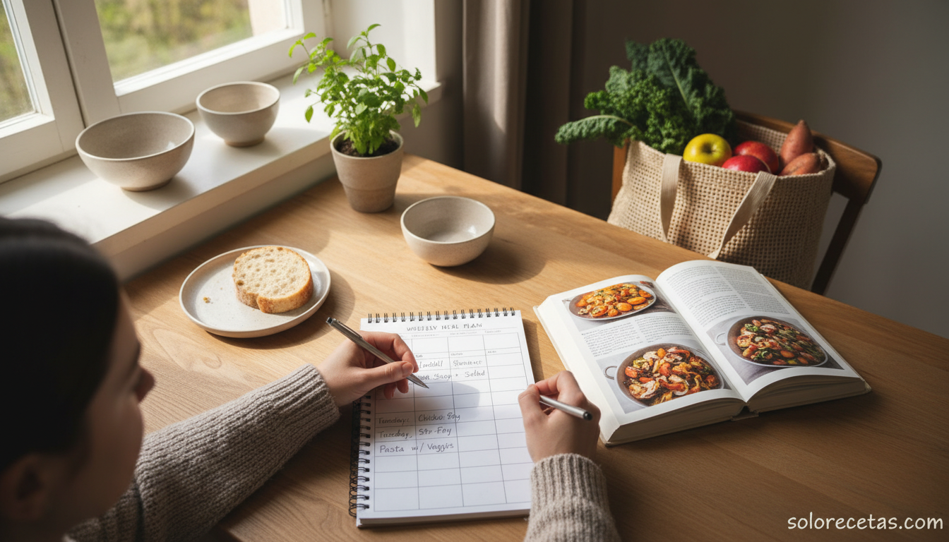 Planificando menú semanal con un libro de cocina abierto