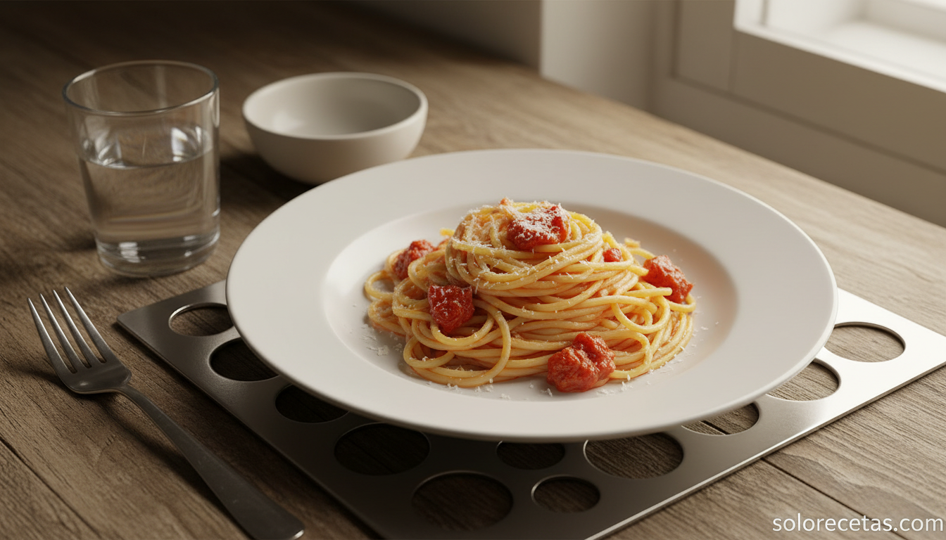 Plato de espaguetis con la cantidad exacta servidos en mesa de cocina