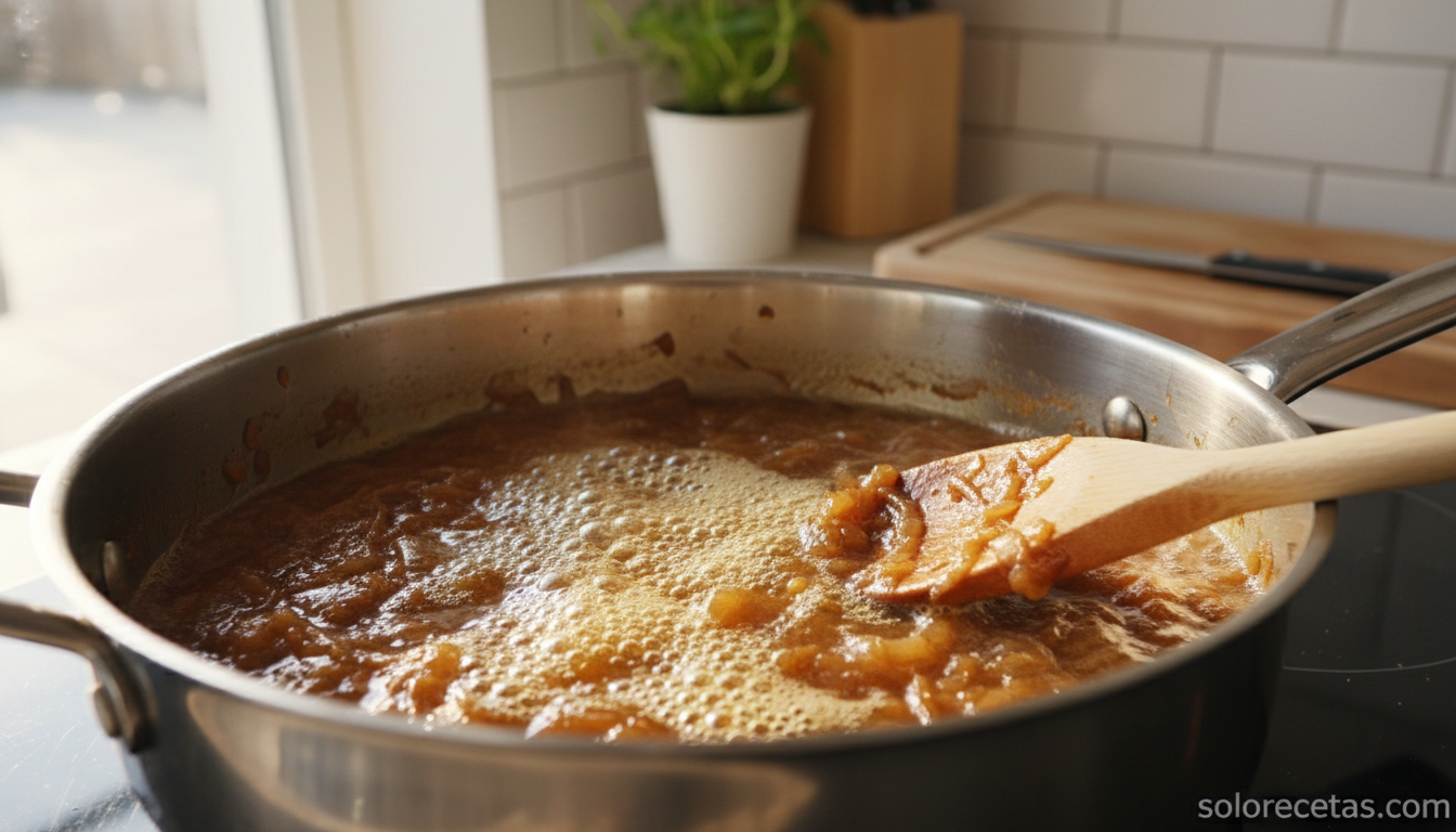 Merluza a la cerveza: receta con salsa cremosa en 30 minutos 13 Cerveza reduciéndose en una sartén con cebolla dorada