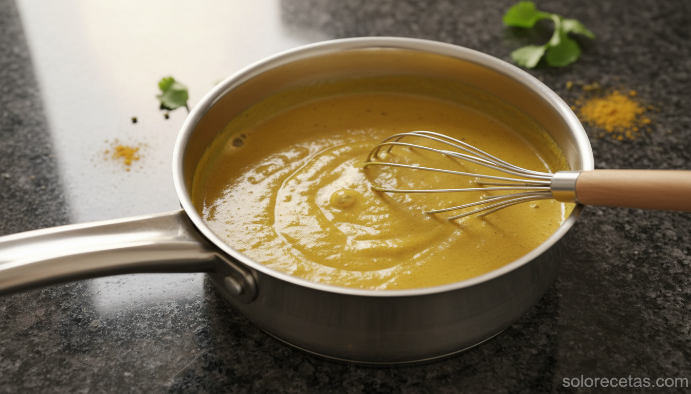 Merluza al curry fácil: receta cremosa en 25 minutos 2 Salsa de curry espesando a fuego lento en cazo