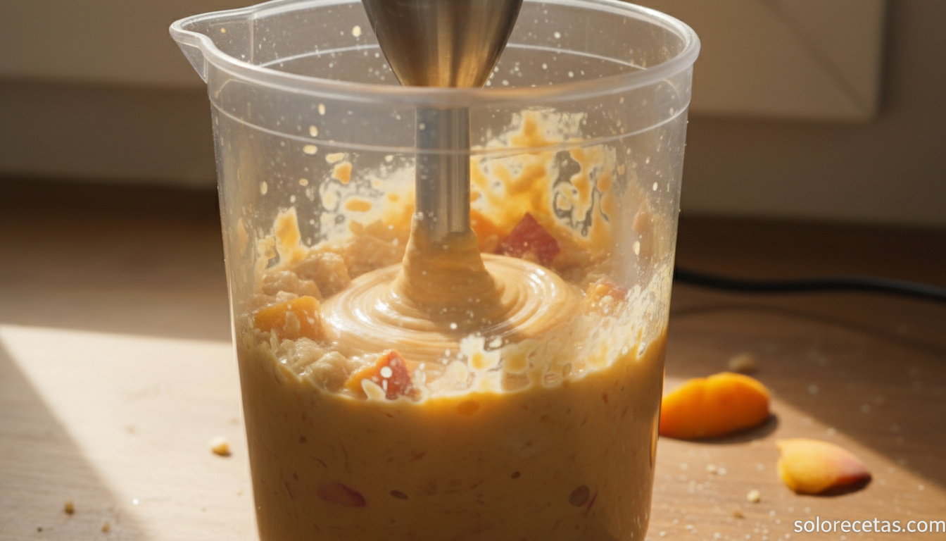 Papilla de pollo con melocotón: receta suave para bebés desde los 8 meses 18 Triturando pollo, melocotón y arroz con batídora hasta obtener puré cremoso