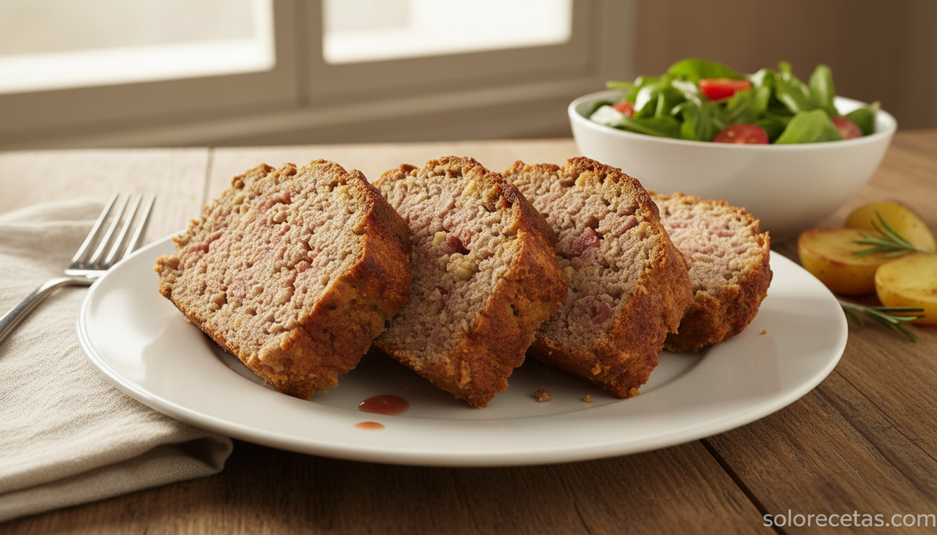Pastel de carne casero: receta jugosa con magro de cerdo y jamón 8 Pastel de carne de cerdo casero cortado en rebanadas con ensalada y patatas