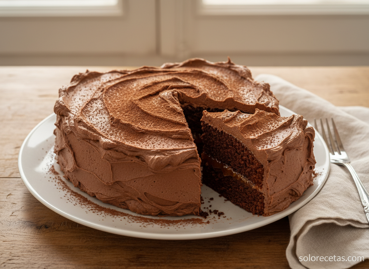 Pastel de San Valentín de chocolate y trufa: receta paso a paso 13 Pastel de San Valentín cortado mostrando capa de mermelada de albaricoque y trufa montada