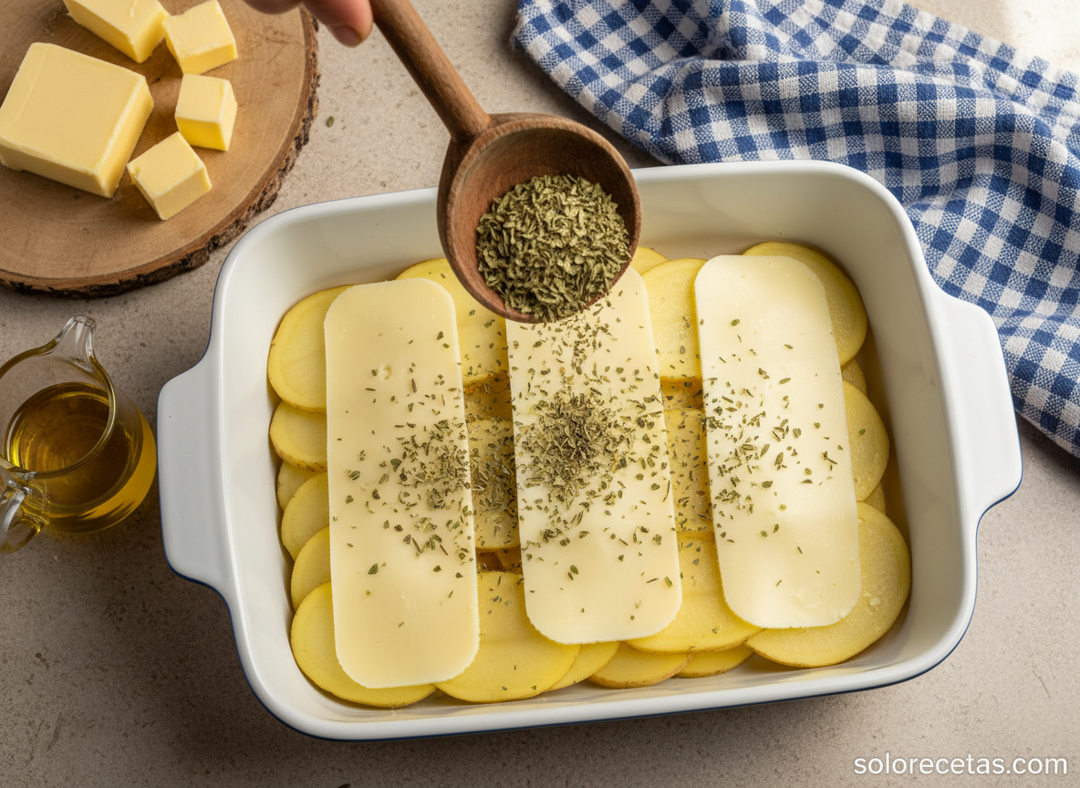 Patatas con queso al horno: receta fácil, crujiente y gratinada 10 Montaje de capas de patata y queso en fuente de horno con orégano