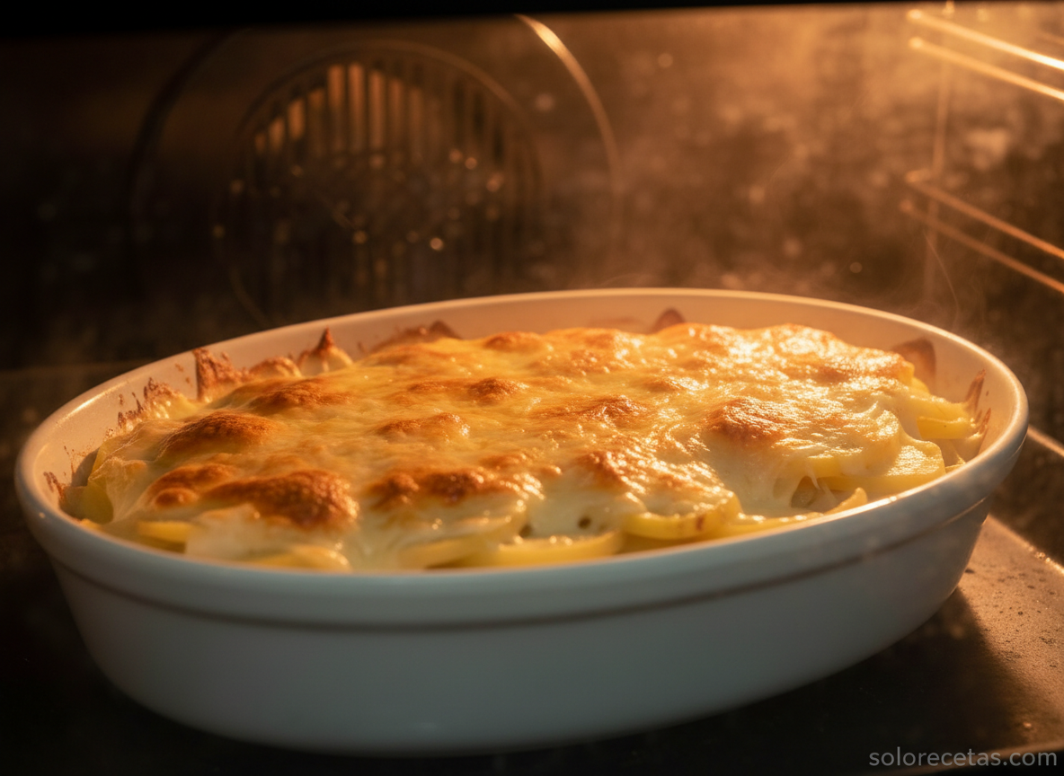 Patatas con queso al horno: receta fácil, crujiente y gratinada 11 Fuente de patatas con queso horneándose con el queso burbujeando