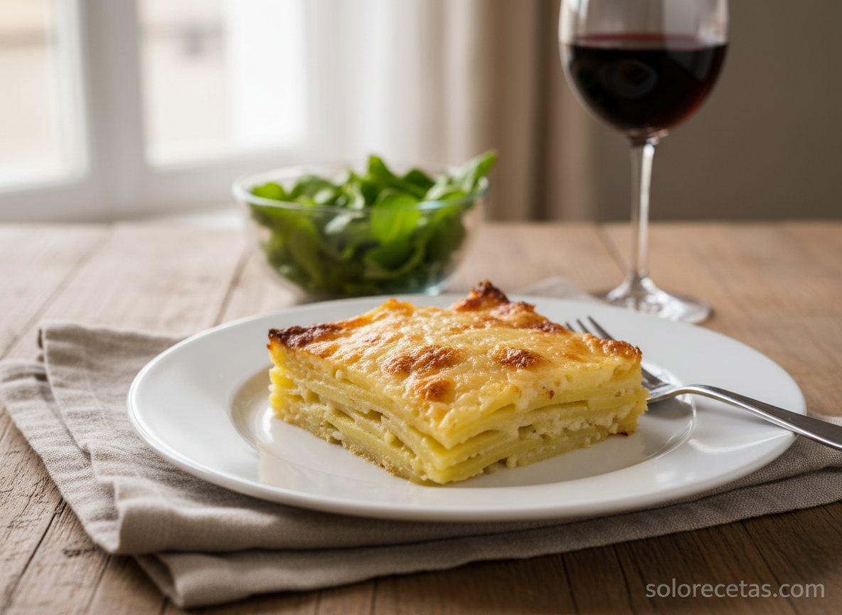 Patatas con queso al horno: receta fácil, crujiente y gratinada 12 Ración servida de patatas con queso al horno en plato blanco