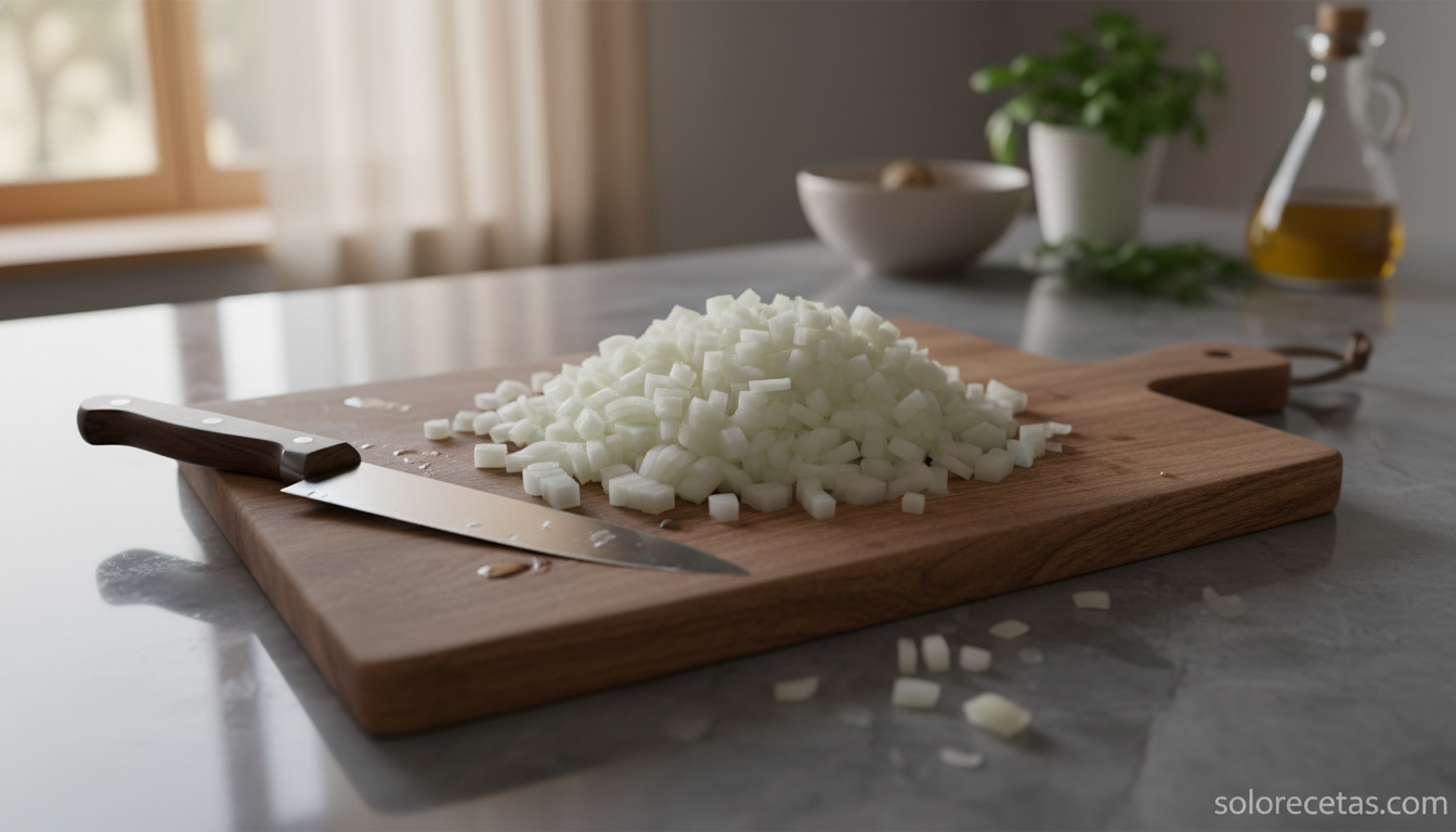 Picar cebolla sin llorar: el truco del frío que sí funciona 19 Cebolla fría picada en cubos pequeños sobre tabla de madera sin lágrimas