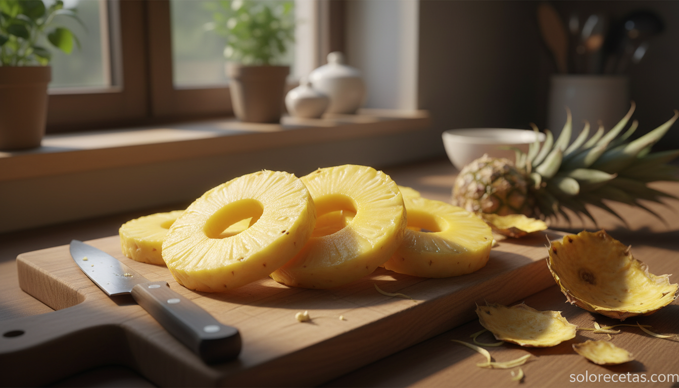 Piña asada con ciruelas pasas: salsa agridulce irresistible 6 Rodajas de piña fresca cortadas sobre tabla de madera listas para asar