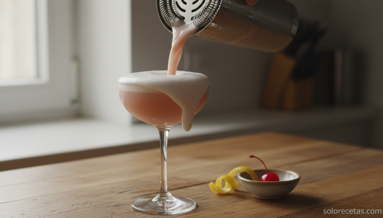 Pink Lady: el cóctel de ginebra rosa clásico y elegante 14 Pink Lady colado desde la coctelera a la copa con su espuma blanca característica