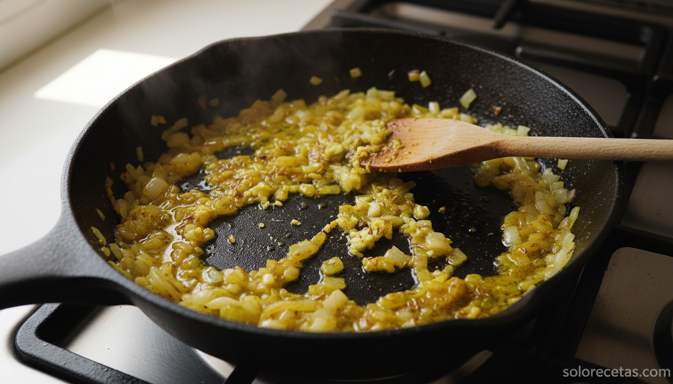 Salsa hindú casera: receta cremosa con curry y especias en 25 minutos 2 Cebolla pochada con curry y comino tostándose en sartén para la salsa hindú