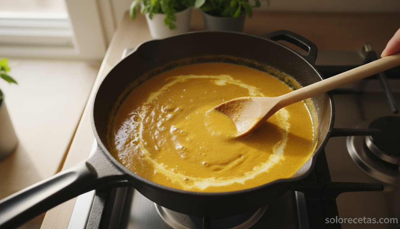 Salsa hindú casera: receta cremosa con curry y especias en 25 minutos 3 Salsa hindú cremosa reduciendo a fuego suave en un cazo
