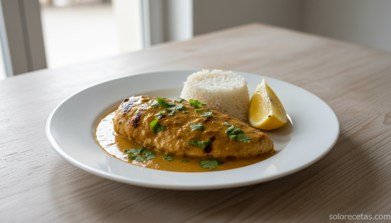 Salsa hindú casera: receta cremosa con curry y especias en 25 minutos 4 Pollo a la plancha con salsa hindú y arroz basmati en plato casero