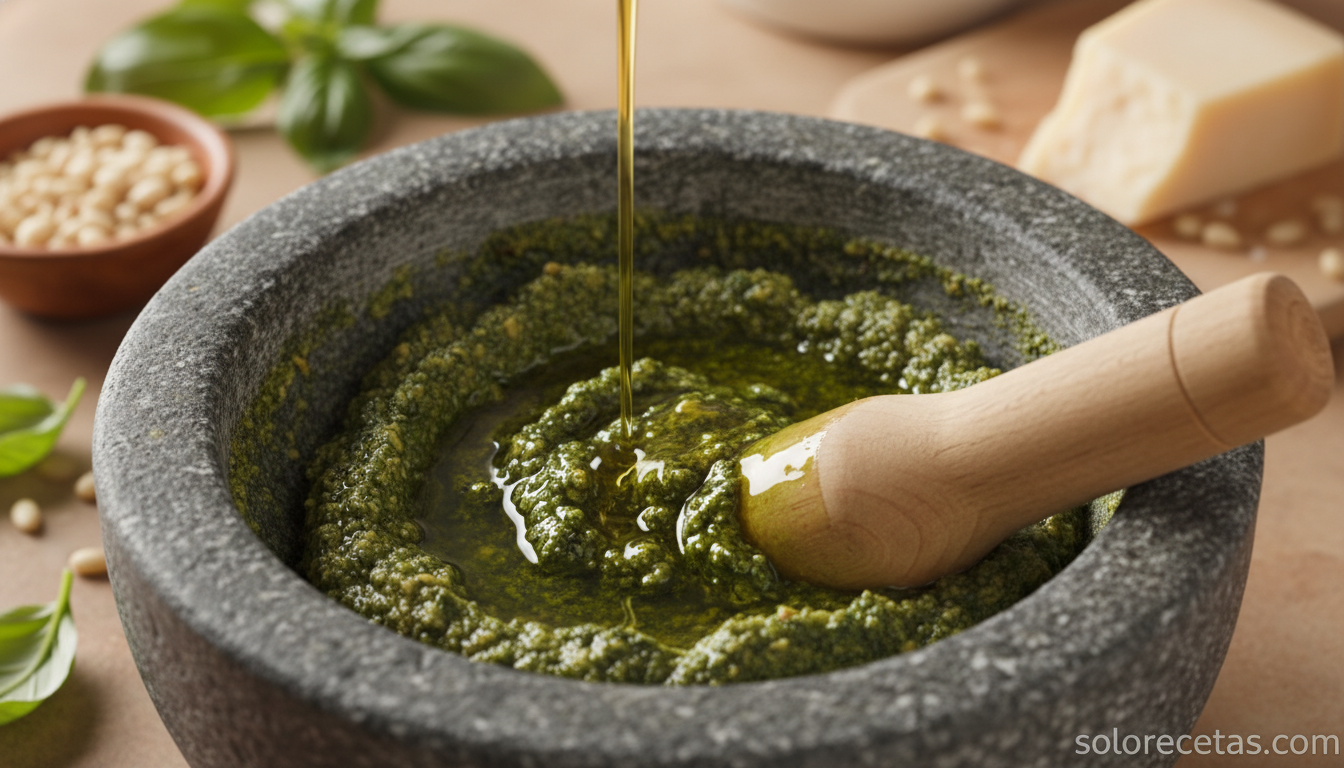 Salsa pesto casera: la receta genovesa original en 10 minutos 2 Vertiendo aceite de oliva en hilo fino sobre el pesto en el mortero