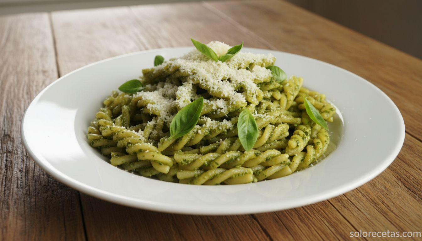 Salsa pesto casera: la receta genovesa original en 10 minutos 3 Pasta con salsa pesto genovese, parmesano rallado y albahaca fresca