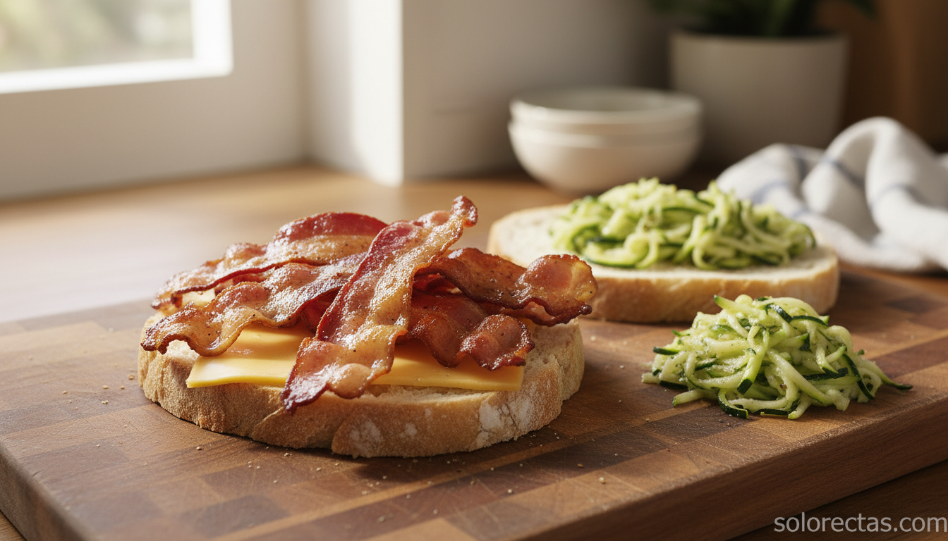 Sándwich de bacon y calabacín: receta casera crujiente y jugosa 10 Montaje por capas del sándwich con queso, bacon y calabacín sobre tabla