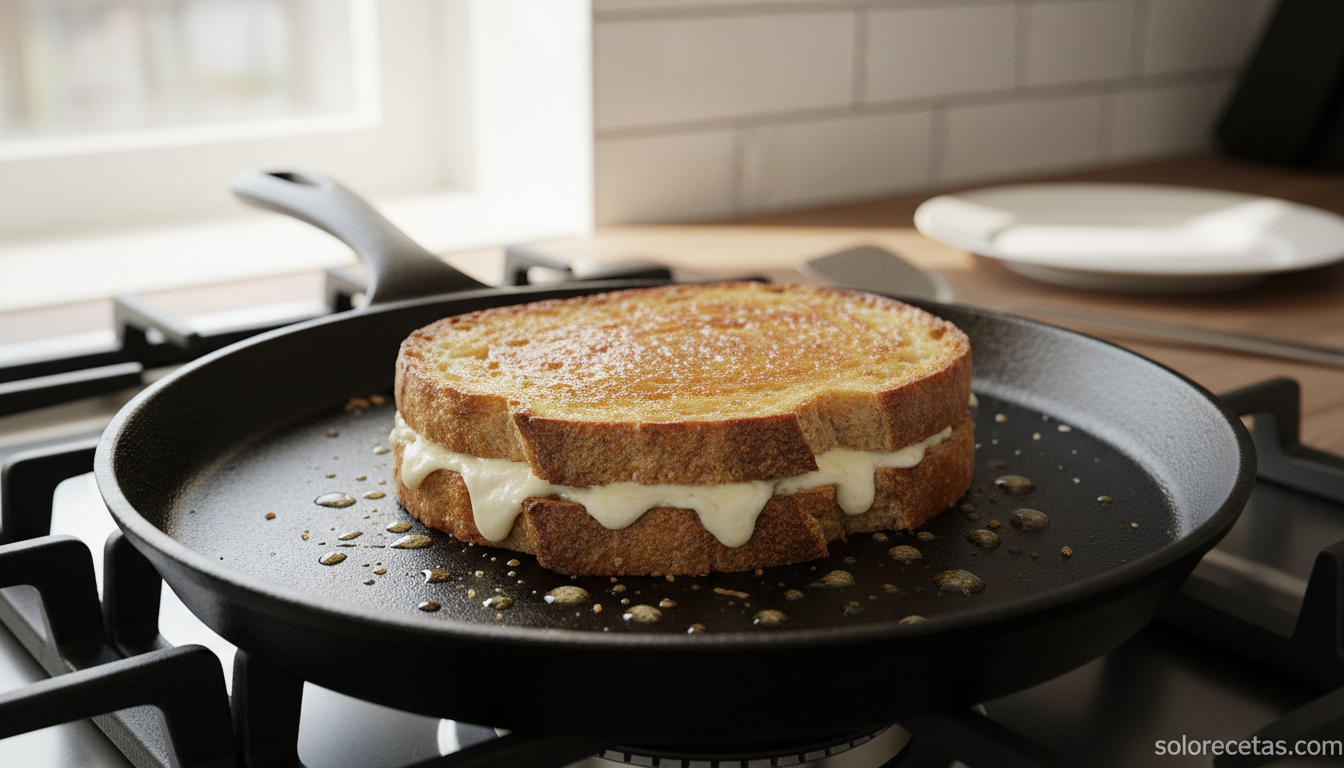 Sándwich de bacon y calabacín: receta casera crujiente y jugosa 11 Sándwich tostándose en plancha con mantequilla dorando el pan