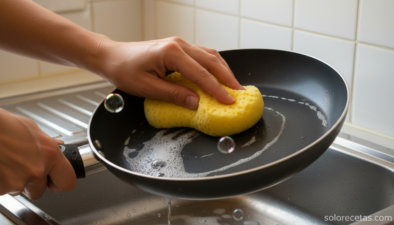 Sartén que se pega: trucos para arreglarla y que dure más 2 Manos limpiando una sartén antiadherente con esponja suave y agua tibia