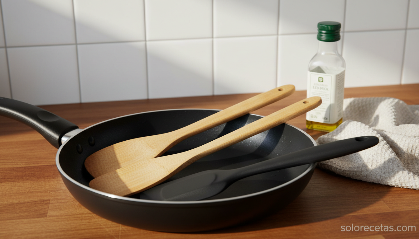 Sartén que se pega: trucos para arreglarla y que dure más 3 Espátulas de madera y silicona junto a una sartén antiadherente