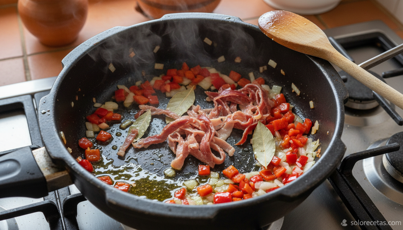 Sopa de judías pintas: receta cremosa y reconfortante con jamón 2 Sofrito de jamon serrano, cebolla y pimiento rojo dentro de una olla a presion para la sopa de judias pintas