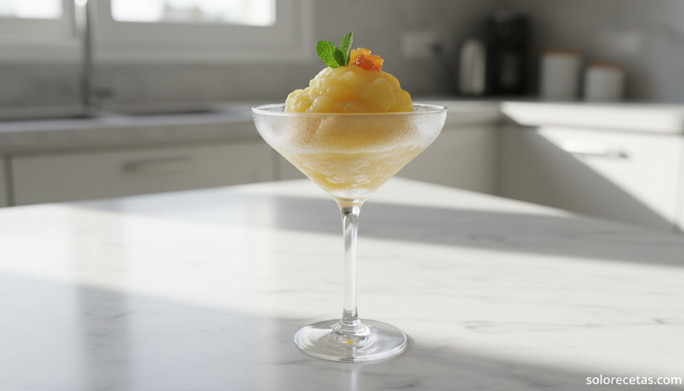 Sorbete de piña al cava servido en copa con menta y trozo de piña