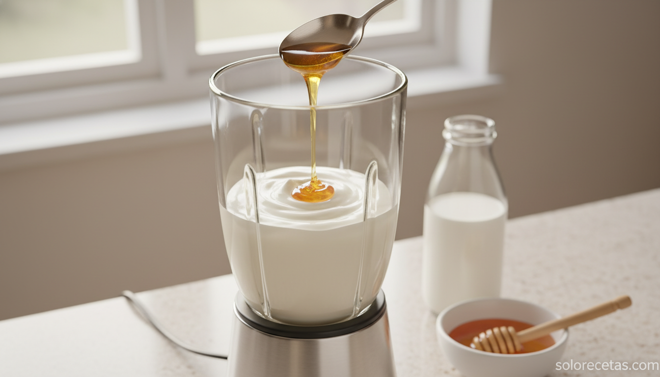 Sorpresa de yogur: cóctel cremoso sin alcohol fácil y refrescante 2 Mezcla de yogur, leche y miel batida en vaso de batidora