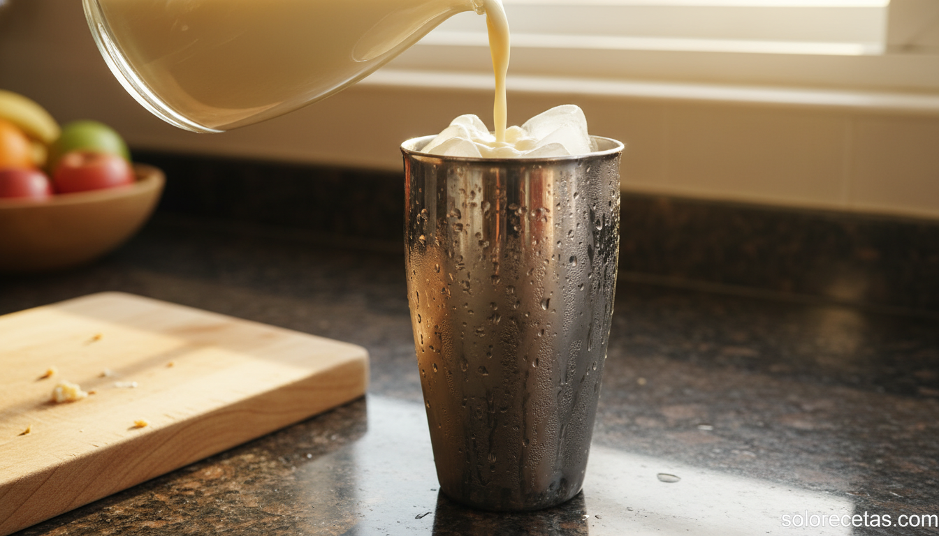 Sorpresa de yogur: cóctel cremoso sin alcohol fácil y refrescante 3 Coctelera con hielo y mezcla del cóctel sorpresa de yogur lista para agitar