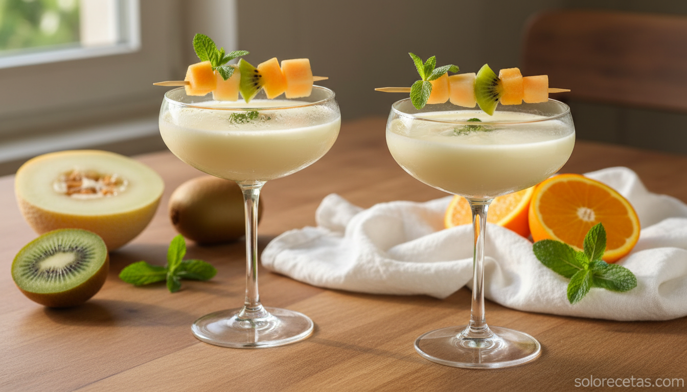 Sorpresa de yogur: cóctel cremoso sin alcohol fácil y refrescante 4 Cóctel sorpresa de yogur servido en copa decorado con menta y fruta