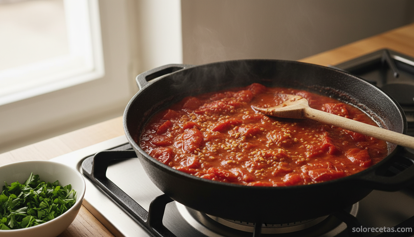 Salsa de tomate romagnola cocinandose a fuego lento en sarten de hierro