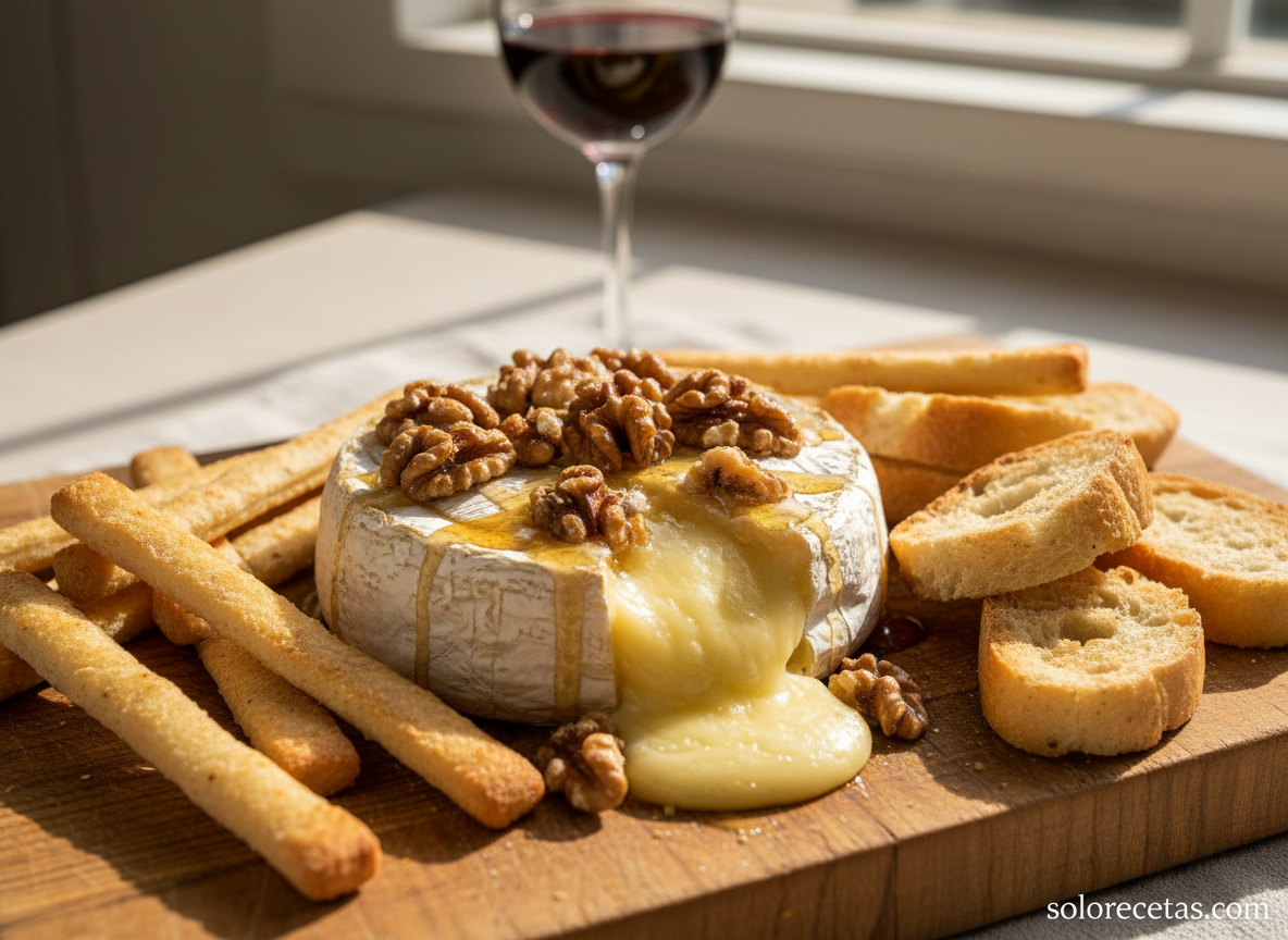 Tapas de queso brie: 3 recetas fáciles para triunfar 13 Brie al horno con nueces y miel servido con picos de pan y copa de vino
