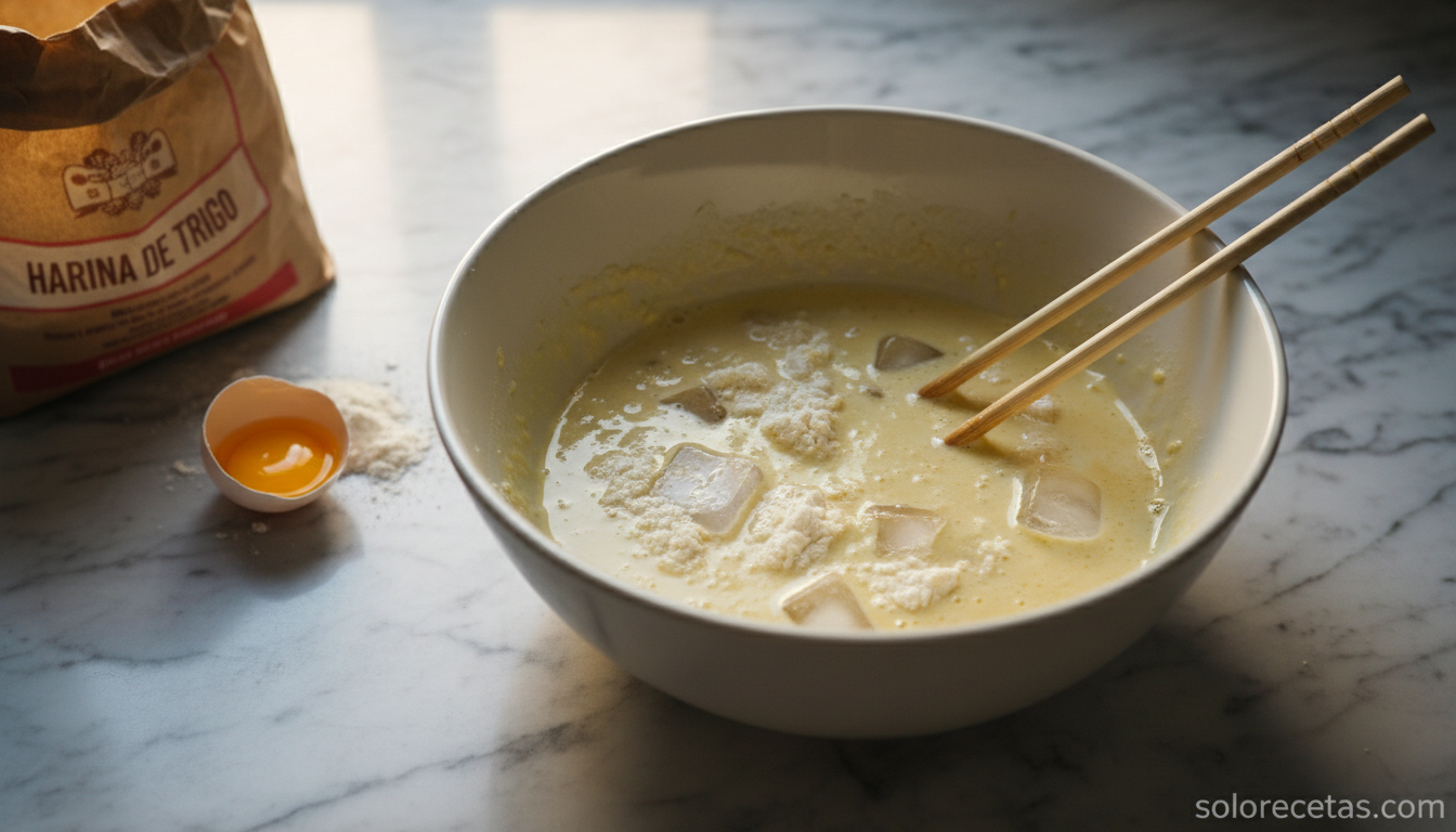 Tempura casera: la receta japonesa del rebozado más crujiente 2 Masa de tempura con grumos y cubitos de hielo en un bol, la textura perfecta para un rebozado crujiente