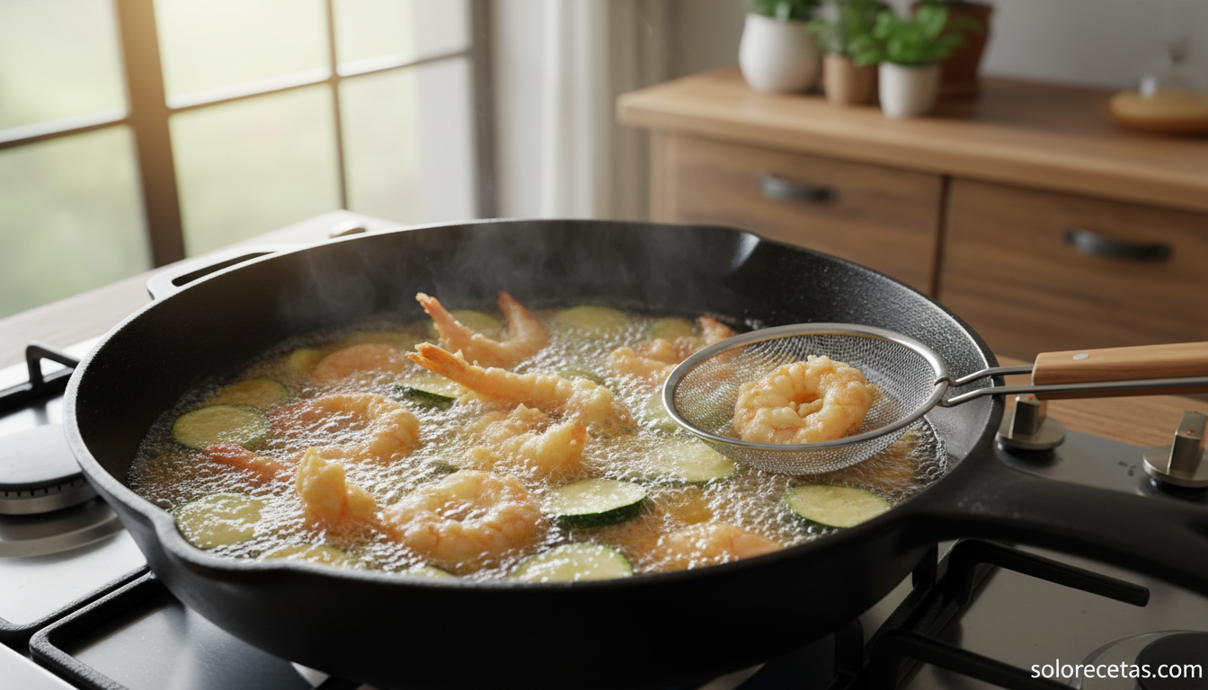Tempura casera: la receta japonesa del rebozado más crujiente 3 Tempura friéndose en aceite caliente, con las piezas dorándose y burbujeando