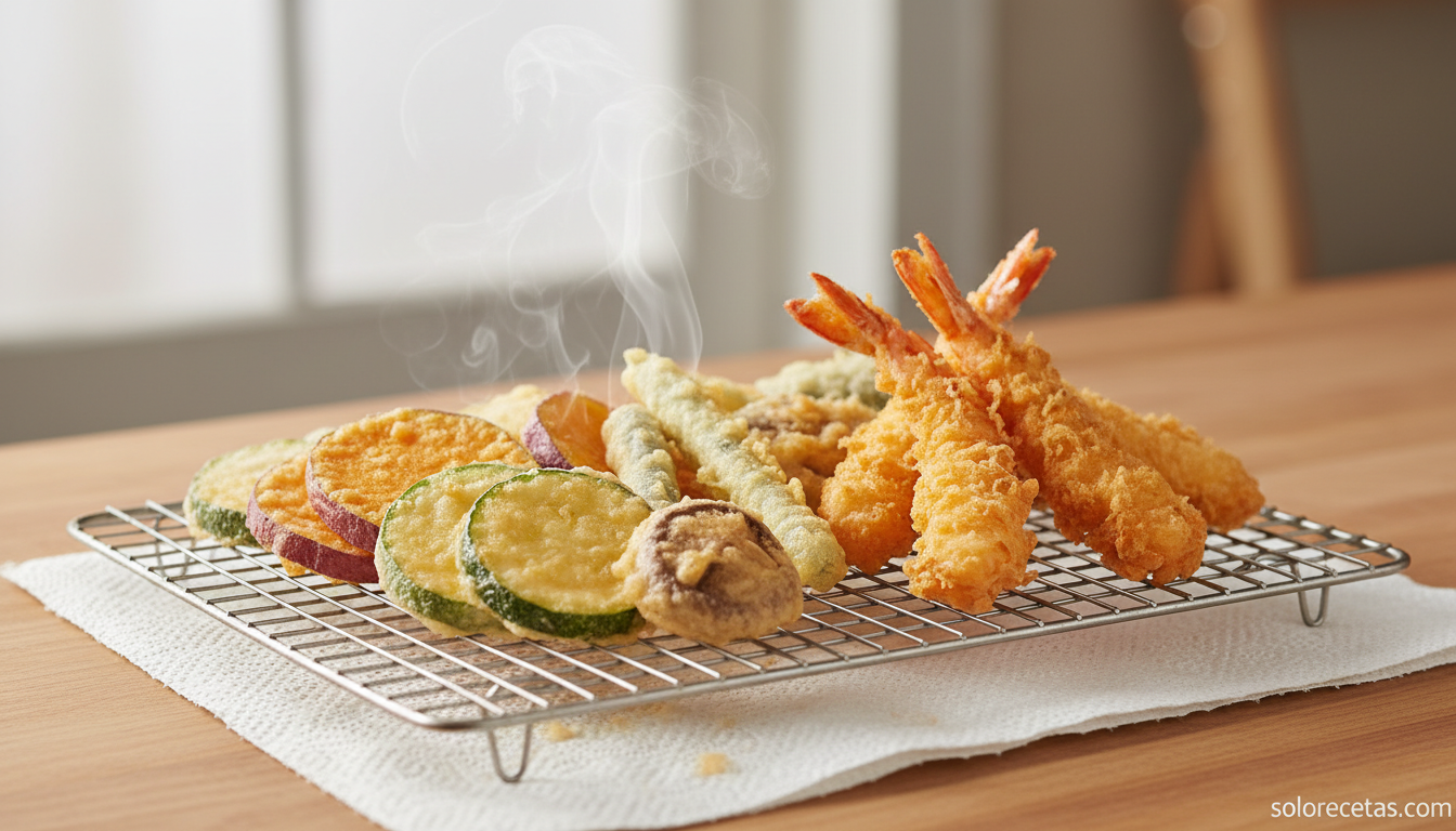 Tempura casera: la receta japonesa del rebozado más crujiente 4 Piezas de tempura recién fritas escurriendo sobre rejilla con papel absorbente