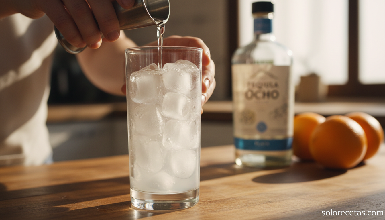 Tequila Sunrise: receta auténtica del cóctel paso a paso 2 Vertiendo el tequila blanco sobre el hielo en un vaso highball para preparar tequila sunrise