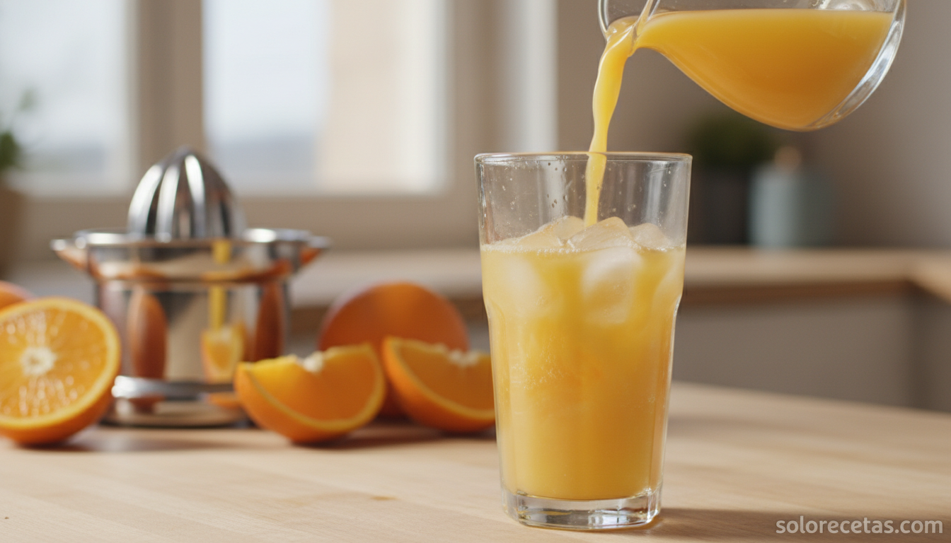Tequila Sunrise: receta auténtica del cóctel paso a paso 3 Vertiendo zumo de naranja recién exprimido sobre el tequila y el hielo en el vaso highball