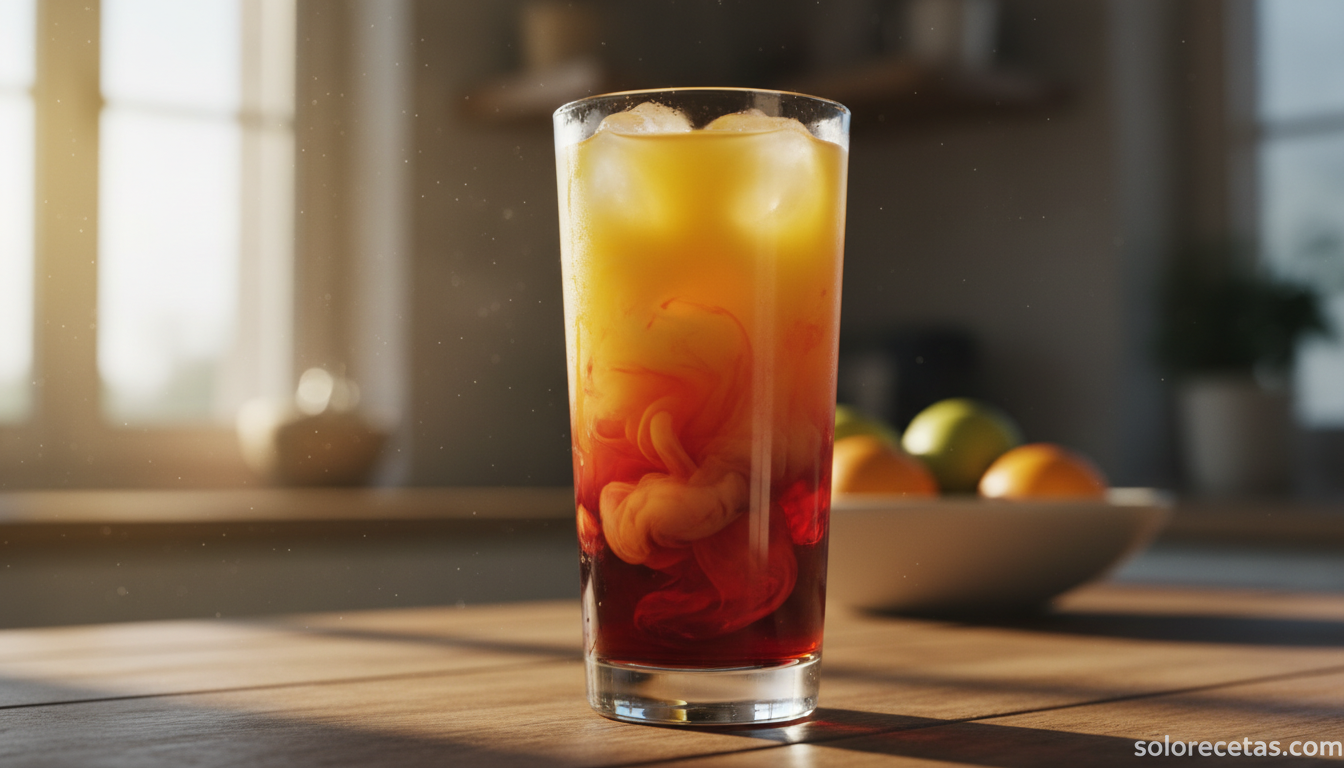 Tequila Sunrise: receta auténtica del cóctel paso a paso 4 Vertiendo granadina en el cóctel para crear el efecto degradado amanecer del tequila sunrise