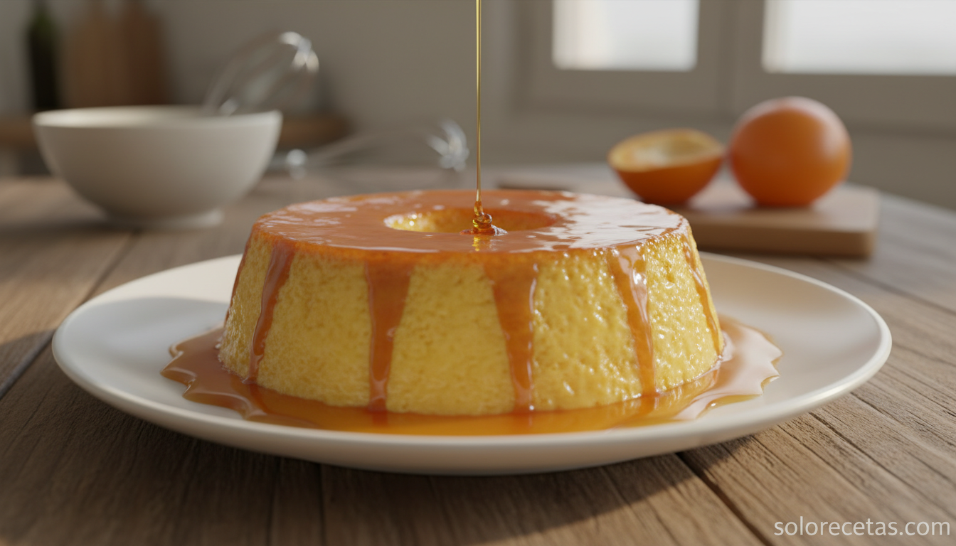 Tocino de naranja: receta tradicional de postre de yema y cítricos 11 Tocino de naranja desmoldado con almíbar cayendo en cascada sobre el plato
