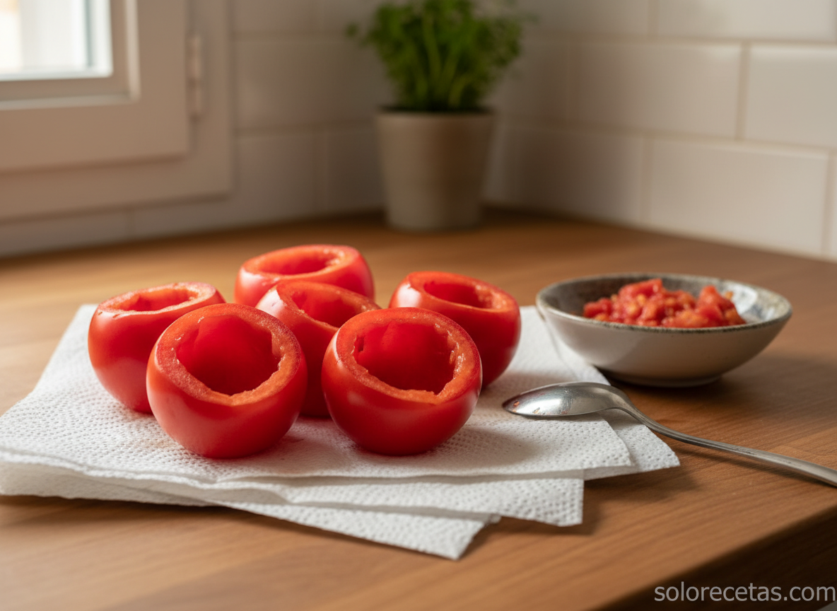 Tomates rellenos fríos: receta fácil de aperitivo con atún 3 Tomates vaciados escurriendo boca abajo sobre papel de cocina