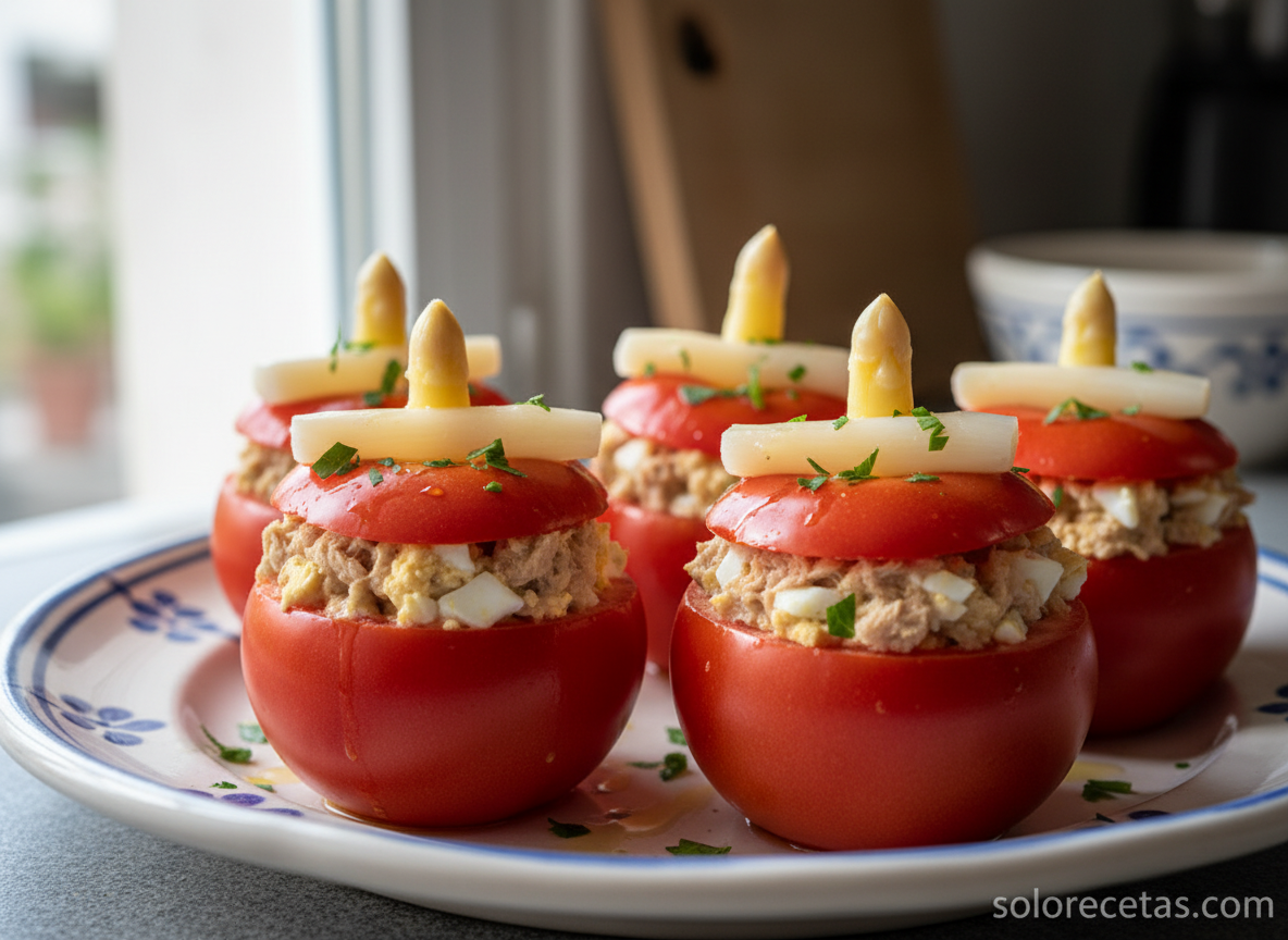 Tomates rellenos fríos: receta fácil de aperitivo con atún 4 Tomates rellenos montados con espárragos y perejil listos para enfriar