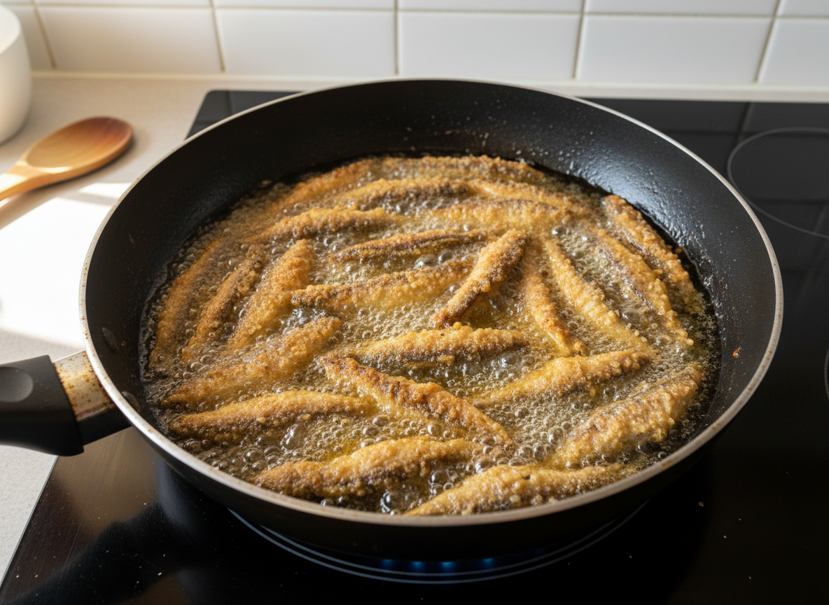Boquerones fritos: cómo hacerlos crujientes sin que queden grasientos 10 Boquerones fritos en aceite de oliva muy caliente en la sartén