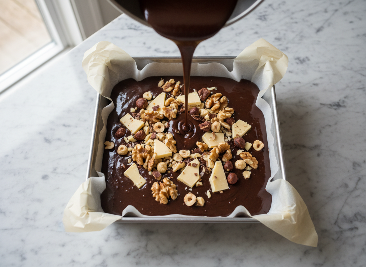 Brownie de chocolate blanco con avellanas y nueces: receta jugosa paso a paso 3 Masa de brownie con avellanas y nueces vertida en molde cuadrado forrado
