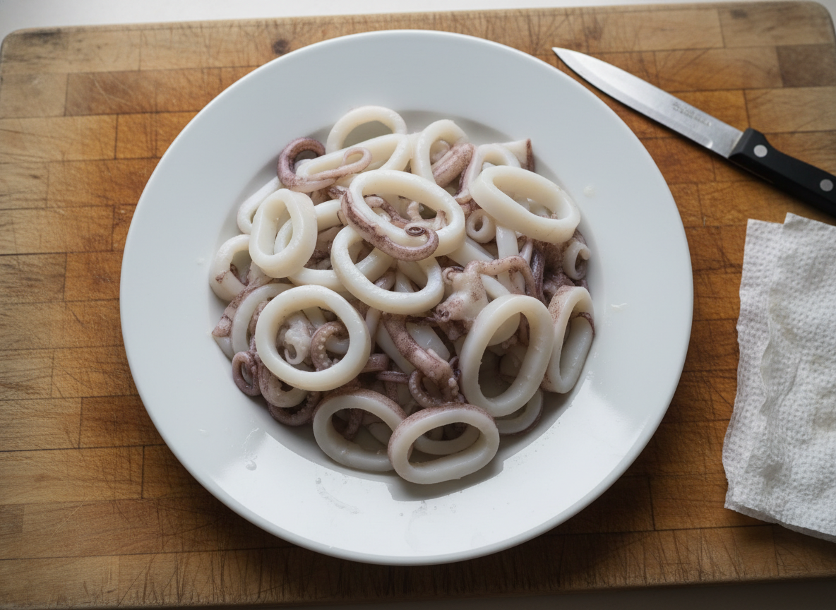 Calamares con champiñones: cazuela de pescado y marisco al ajillo 13 Calamares limpios y cortados en aros sobre una tabla de madera junto a un cuchillo