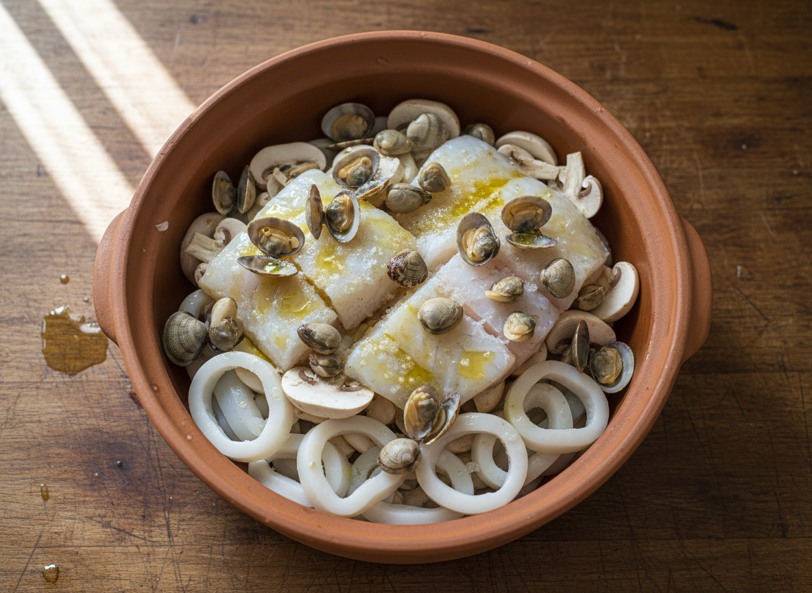 Calamares con champiñones: cazuela de pescado y marisco al ajillo 14 Cazuela de barro montada con calamares, champiñones, mero, almejas y chirlas antes de cocer