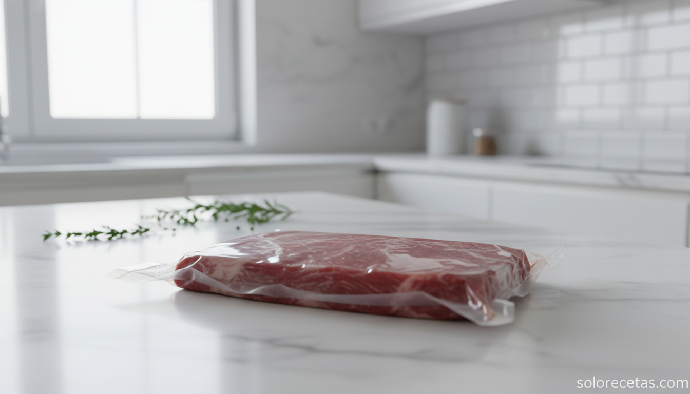 Cómo saber si la carne está en mal estado: 8 señales claras 2 Carne envasada al vacío sobre encimera de cocina