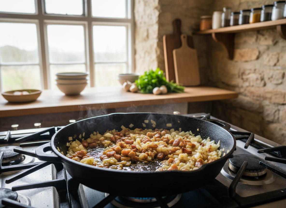 Ensalada alemana de patatas con bacon: receta clásica 4 Cebolla y trozos de bacon dorándose en sartén hasta quedar dorados